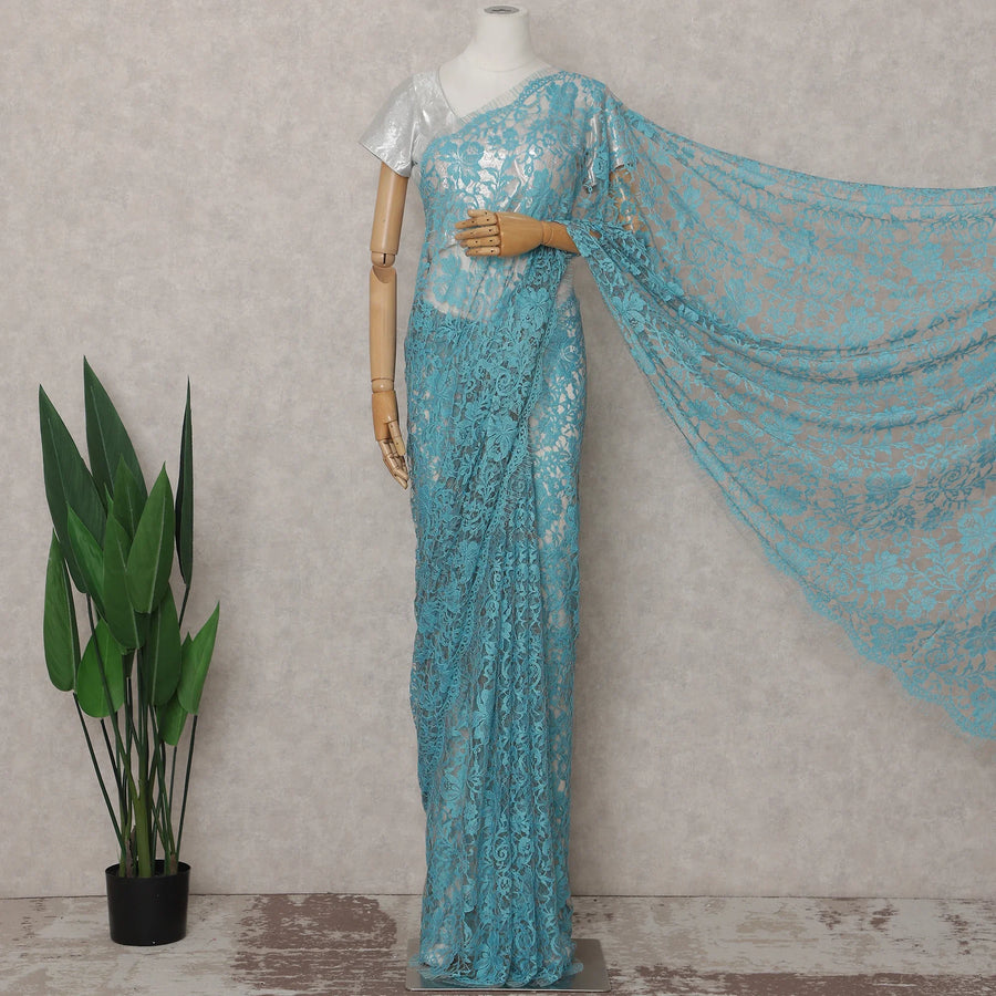 Sky Blue French Chantilly Lace Saree 5.5m