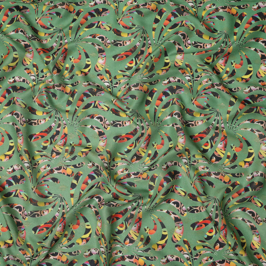 Green Abstract Swirl Printed Viscose Crepe Fabric Multicolor Artistic Pattern Soft Flowing Dress Material 110 Cms Width India-D27943