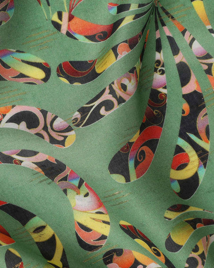 Green Abstract Swirl Printed Viscose Crepe Fabric Multicolor Artistic Pattern Soft Flowing Dress Material 110 Cms Width India-D27943
