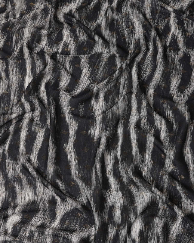 Black Abstract Animal Printed Viscose Crepe Fabric Grey Textured Streak Design Soft Flowing Dress Material 110 Cms Width India-D27940