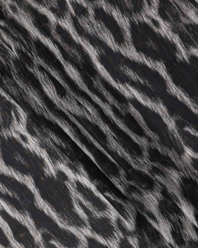 Black Abstract Animal Printed Viscose Crepe Fabric Grey Textured Streak Design Soft Flowing Dress Material 110 Cms Width India-D27940