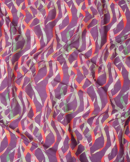 Purple Abstract Printed Viscose Crepe Fabric Multicolor Ribbon Pattern Soft Flowing Dress Material 110 Cms Width India-D27938