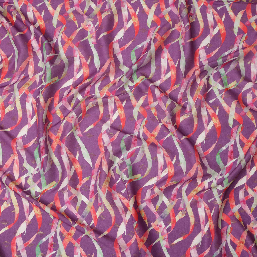 Purple Abstract Printed Viscose Crepe Fabric Multicolor Ribbon Pattern Soft Flowing Dress Material 110 Cms Width India-D27938