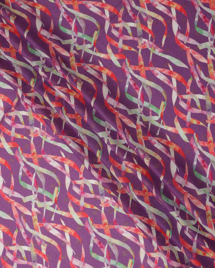 Purple Abstract Printed Viscose Crepe Fabric Multicolor Ribbon Pattern Soft Flowing Dress Material 110 Cms Width India-D27938