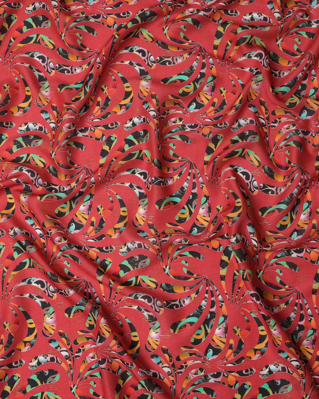 Red Abstract Swirl Printed Viscose Crepe Fabric Multicolor Artistic Pattern Soft Flowing Dress Material 110 Cms Width India-D27941