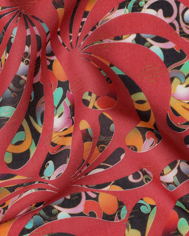 Red Abstract Swirl Printed Viscose Crepe Fabric Multicolor Artistic Pattern Soft Flowing Dress Material 110 Cms Width India-D27941