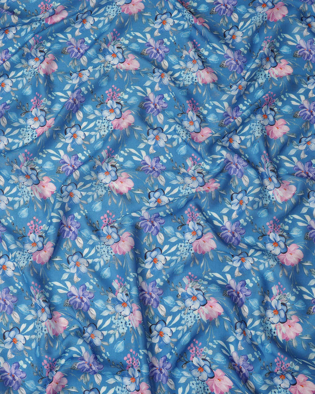 Sky Blue Floral Printed Viscose Crepe Fabric 110 Cms Width Soft Flowing Lightweight Dress Material India-D27934