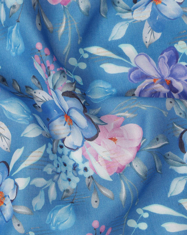 Sky Blue Floral Printed Viscose Crepe Fabric 110 Cms Width Soft Flowing Lightweight Dress Material India-D27934