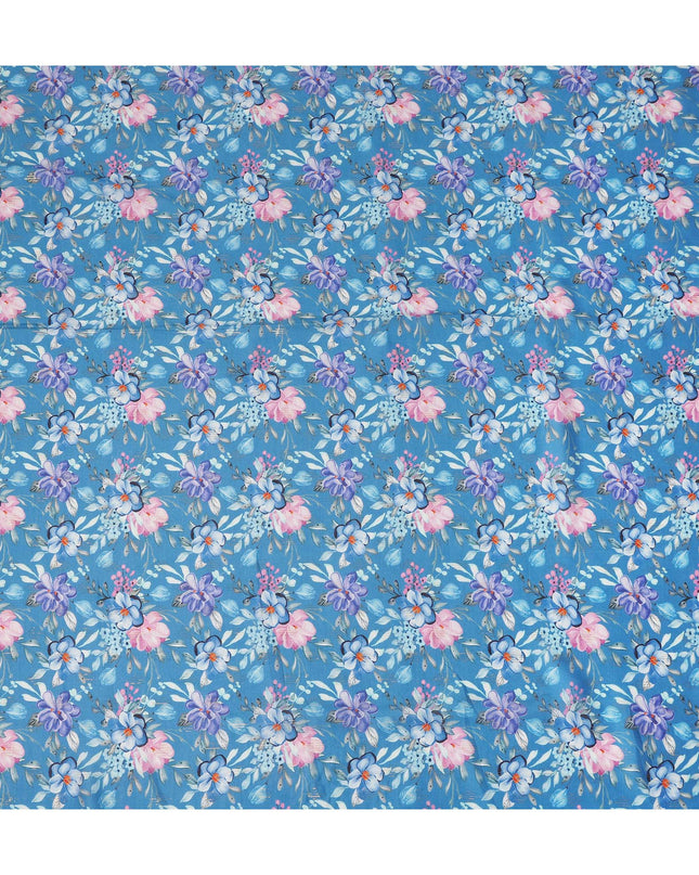 Sky Blue Floral Printed Viscose Crepe Fabric 110 Cms Width Soft Flowing Lightweight Dress Material India-D27934