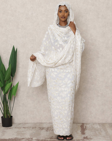 Ivory White Traditional Sudanese Thobe with 4.5 Mtrs Pure Cotton Voile Embroidery Fabric, Width 140 Cms, Made in India-D24479