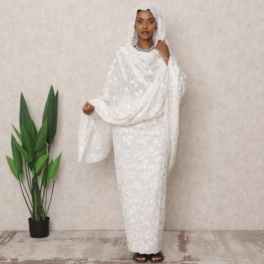 Ivory White Traditional Sudanese Thobe with 4.5 Mtrs Pure Cotton Voile Embroidery Fabric, Width 140 Cms, Made in India-D24479