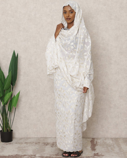 Ivory White Traditional Sudanese Thobe with 4.5 Mtrs Pure Cotton Voile Embroidery Fabric, Width 140 Cms, Made in India-D24479