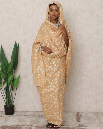 Beige Traditional Sudanese Thobe with Golden Leaf Voile Embroidery, 4.5 Mtrs Piece, Pure Cotton Fabric, Width 140 Cms, Made in India-D24460