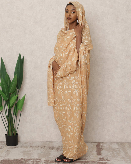 Beige Traditional Sudanese Thobe with Golden Leaf Voile Embroidery, 4.5 Mtrs Piece, Pure Cotton Fabric, Width 140 Cms, Made in India-D24460