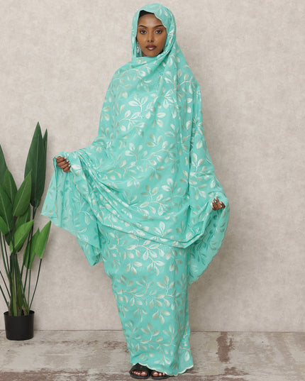 Mint Green Traditional Sudanese Thobe with Silver Leaf Voile Embroidery, 4.5 Mtrs Piece, Pure Cotton Fabric, Width 140 Cms, Made in India-D24459