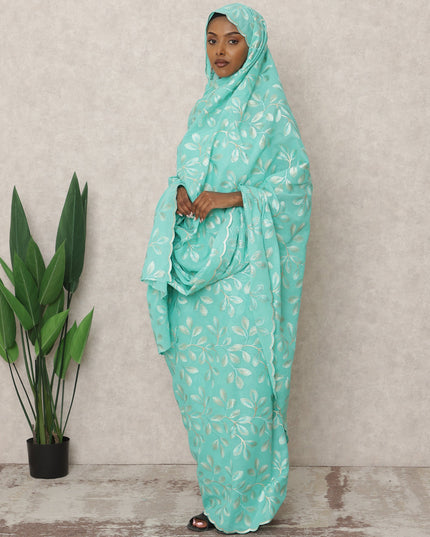 Mint Green Traditional Sudanese Thobe with Silver Leaf Voile Embroidery, 4.5 Mtrs Piece, Pure Cotton Fabric, Width 140 Cms, Made in India-D24459