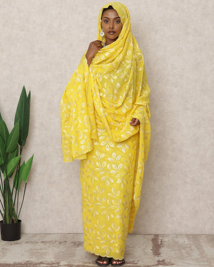 Bright Yellow Traditional Sudanese Thobe with 4.5 Mtrs Pure Cotton Voile Embroidery Fabric, Width 140 Cms, Made in India-D24480