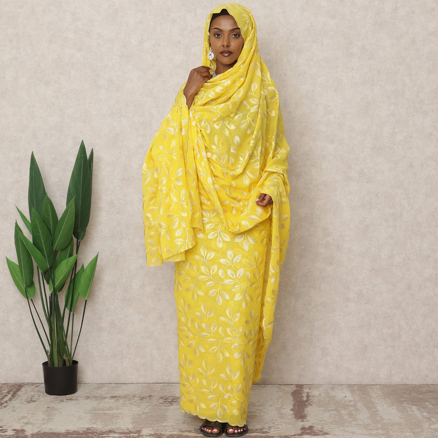 Bright Yellow Traditional Sudanese Thobe with 4.5 Mtrs Pure Cotton Voile Embroidery Fabric, Width 140 Cms, Made in India-D24480