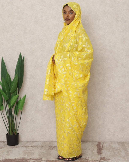 Bright Yellow Traditional Sudanese Thobe with 4.5 Mtrs Pure Cotton Voile Embroidery Fabric, Width 140 Cms, Made in India-D24480