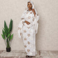 White Traditional Sudanese Thobe with Beige and White Leaf Voile Embroidery, 4.5 Mtrs Piece, Pure Cotton Fabric, Width 140 Cms, Made in India-D24461