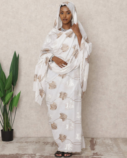 White Traditional Sudanese Thobe with Beige and White Leaf Voile Embroidery, 4.5 Mtrs Piece, Pure Cotton Fabric, Width 140 Cms, Made in India-D24461