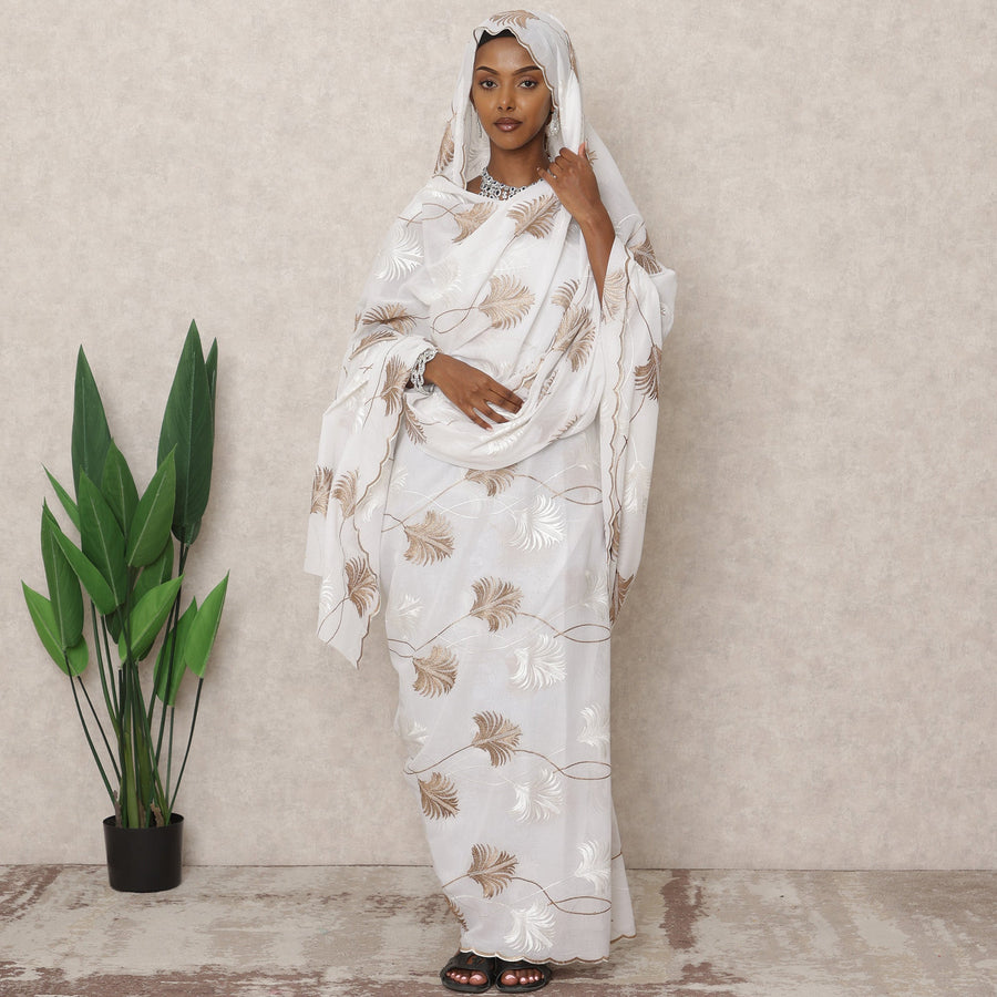 White Traditional Sudanese Thobe with Beige and White Leaf Voile Embroidery, 4.5 Mtrs Piece, Pure Cotton Fabric, Width 140 Cms, Made in India-D24461
