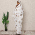 White Traditional Sudanese Thobe with Beige and White Leaf Voile Embroidery, 4.5 Mtrs Piece, Pure Cotton Fabric, Width 140 Cms, Made in India-D24461