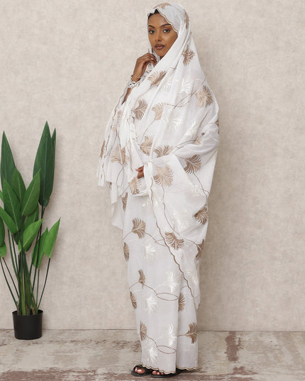 White Traditional Sudanese Thobe with Beige and White Leaf Voile Embroidery, 4.5 Mtrs Piece, Pure Cotton Fabric, Width 140 Cms, Made in India-D24461