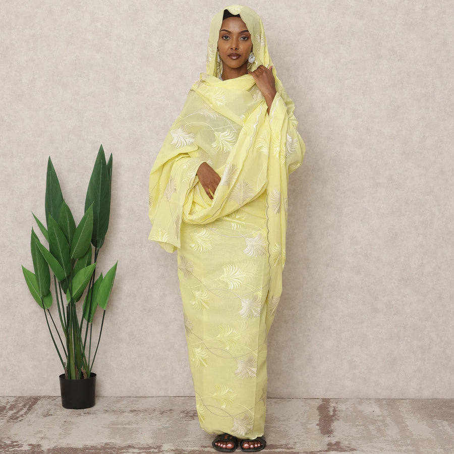 ثوب سوداني تقليدي أصفر ليموني، مصنوع من قماش الفوال القطني الخالص، بطول 4.5 متر، وعرض 140 سم، صنع في الهند - D24481
