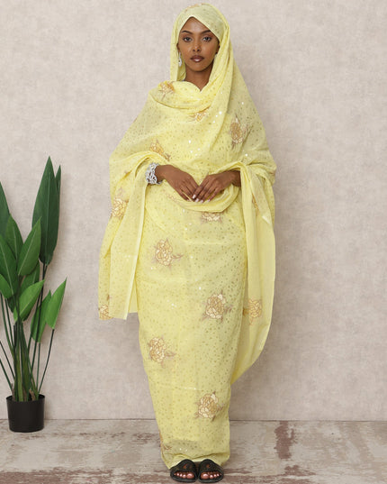 Lemon Yellow Traditional Sudanese Thobe with Floral Sequin Voile Embroidery, 4.5 Mtrs Piece, Pure Cotton Fabric, Width 140 Cms, Made in India-D24462