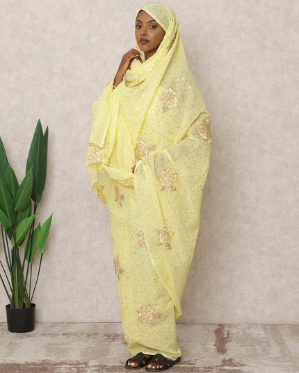 Lemon Yellow Traditional Sudanese Thobe with Floral Sequin Voile Embroidery, 4.5 Mtrs Piece, Pure Cotton Fabric, Width 140 Cms, Made in India-D24462