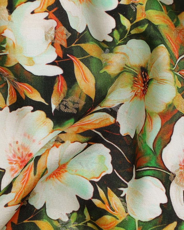 Black Floral Viscose Modal Satin Fabric 110cm - 0617764