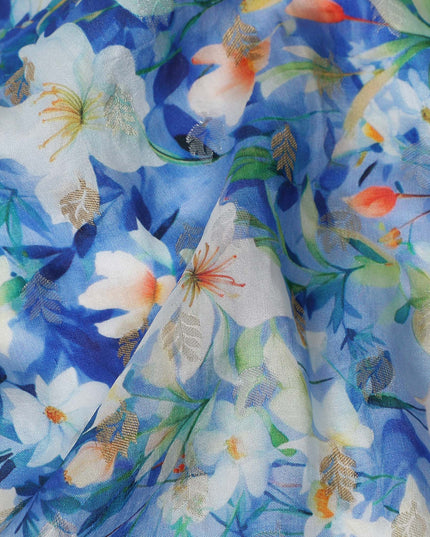 Blue Floral Jacquard Viscose Crepe 110cm