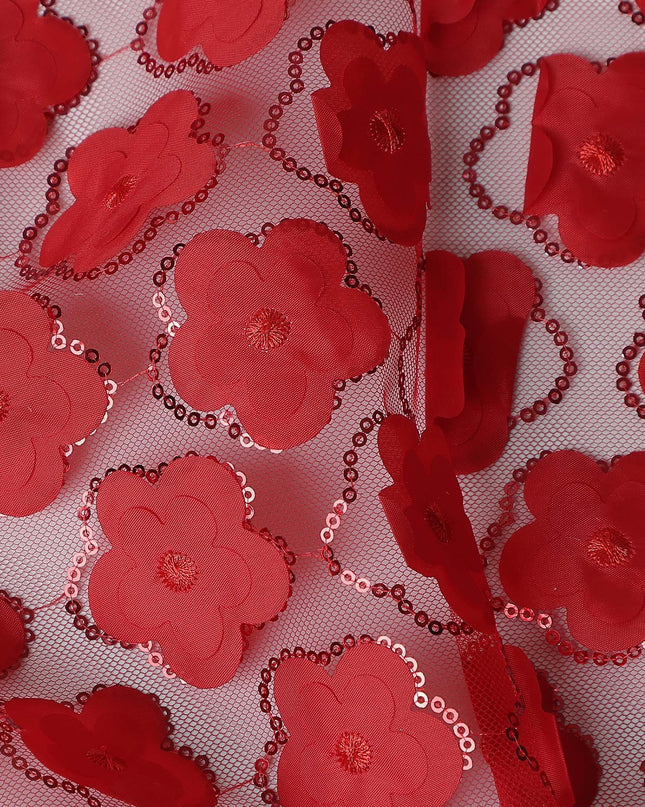 Red Floral Nylon Tulle Embroidery Fabric 140cm