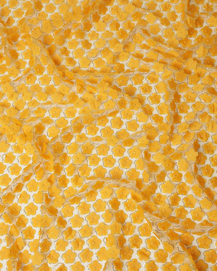 Yellow Floral Nylon Tulle Embroidery Fabric 140cm
