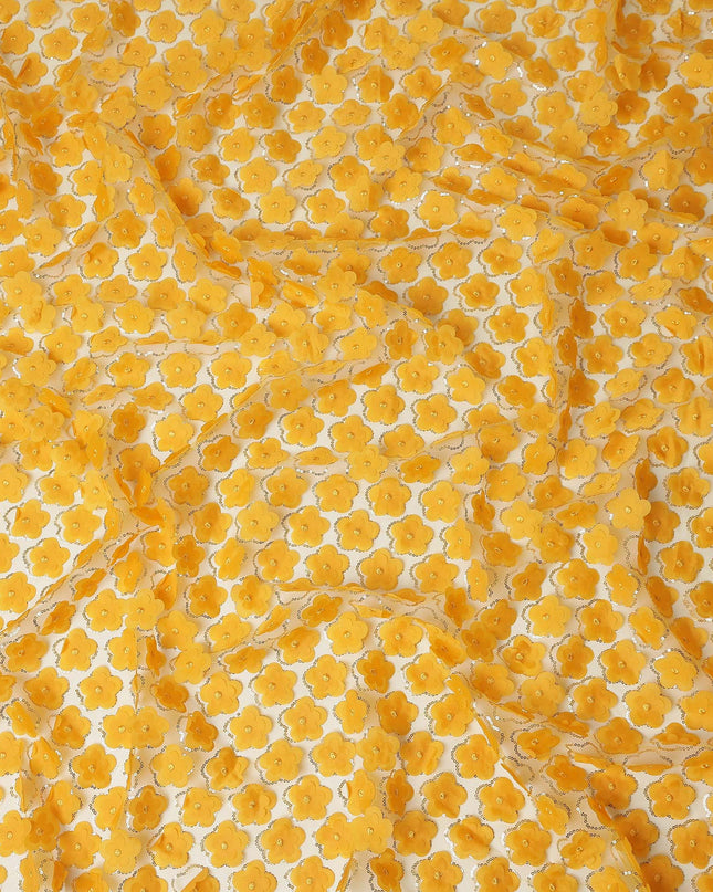 Yellow Floral Nylon Tulle Embroidery Fabric 140cm