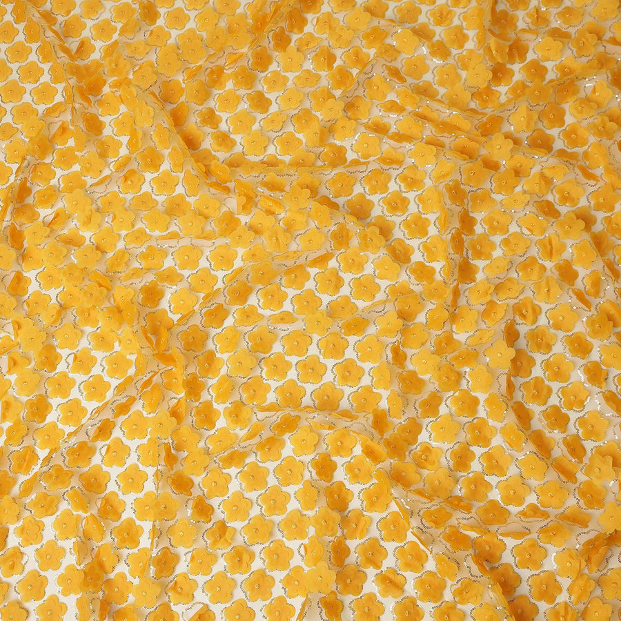 Yellow Floral Nylon Tulle Embroidery Fabric 140cm