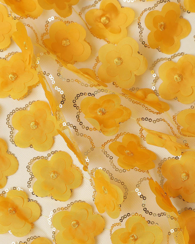 Yellow Floral Nylon Tulle Embroidery Fabric 140cm