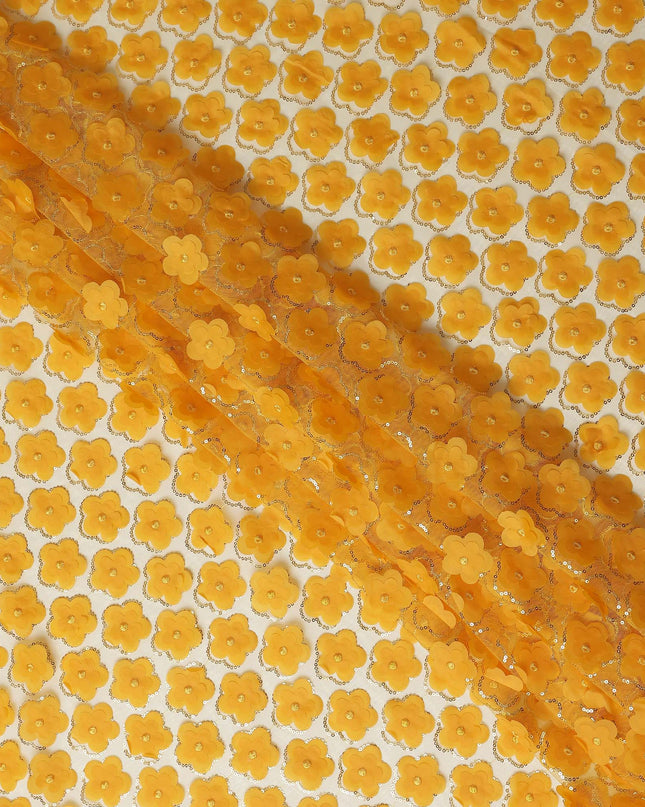 Yellow Floral Nylon Tulle Embroidery Fabric 140cm