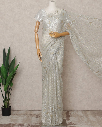Grey Premium French Metallic Chantilly Lace Saree Fabric with Stone Work – 5.5 Meters Length, 110 Cms Width, Imported from France-D25720