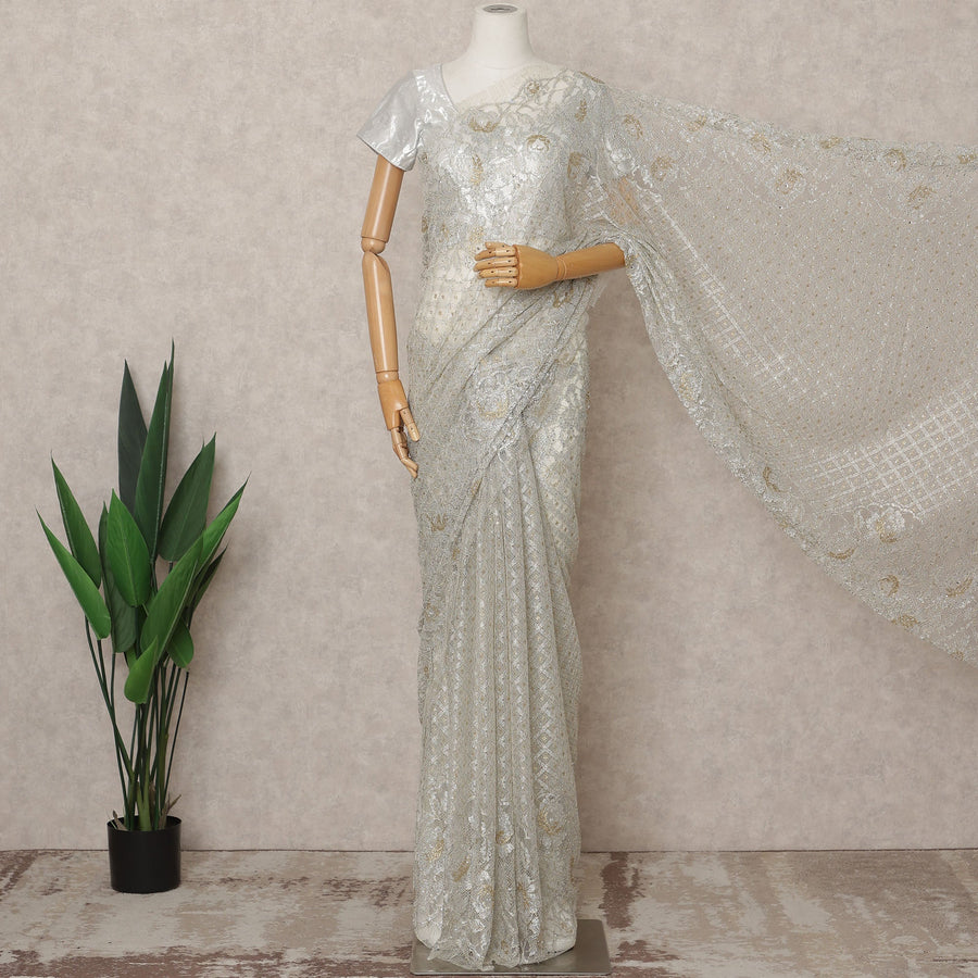 Grey Premium French Metallic Chantilly Lace Saree Fabric with Stone Work – 5.5 Meters Length, 110 Cms Width, Imported from France-D25720