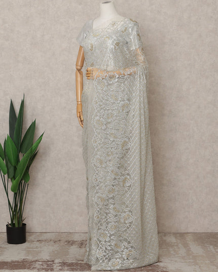 Grey Premium French Metallic Chantilly Lace Saree Fabric with Stone Work – 5.5 Meters Length, 110 Cms Width, Imported from France-D25720