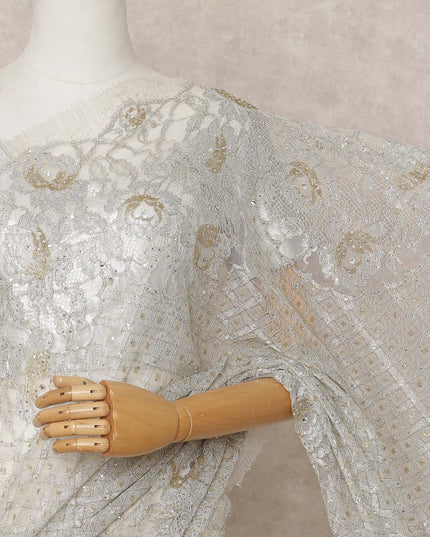 Grey Premium French Metallic Chantilly Lace Saree Fabric with Stone Work – 5.5 Meters Length, 110 Cms Width, Imported from France-D25720