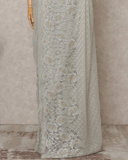 Grey Premium French Metallic Chantilly Lace Saree Fabric with Stone Work – 5.5 Meters Length, 110 Cms Width, Imported from France-D25720