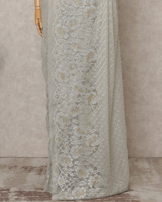 Grey Premium French Metallic Chantilly Lace Saree Fabric with Stone Work – 5.5 Meters Length, 110 Cms Width, Imported from France-D25720