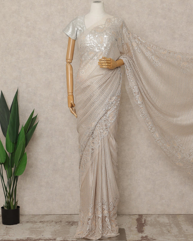 Light Pink Premium French Metallic Chantilly Lace Saree with Stone Work, 5.5 Mtrs Length, 110 Cms Width, Made in France-D27136