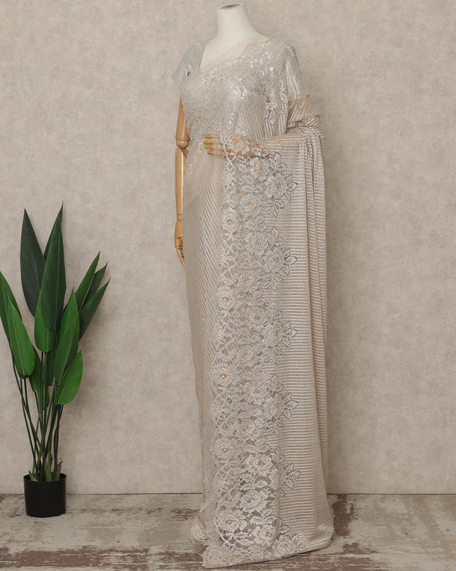 Light Pink Premium French Metallic Chantilly Lace Saree with Stone Work, 5.5 Mtrs Length, 110 Cms Width, Made in France-D27136