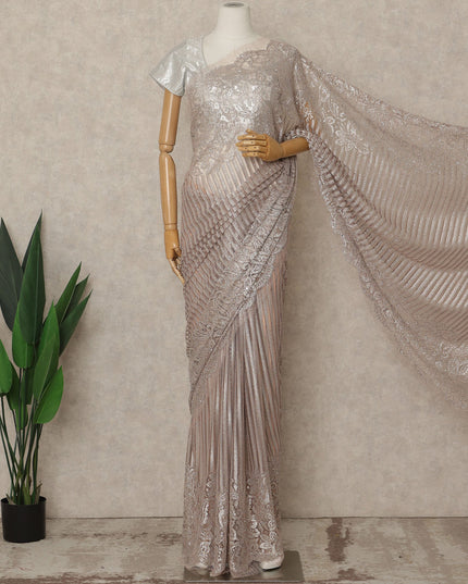 Soft Taupe Rose Premium French Metallic Chantilly Lace Saree with Stone Work, 5.5 Mtrs Length, 110 Cms Width, Made in France-D27137