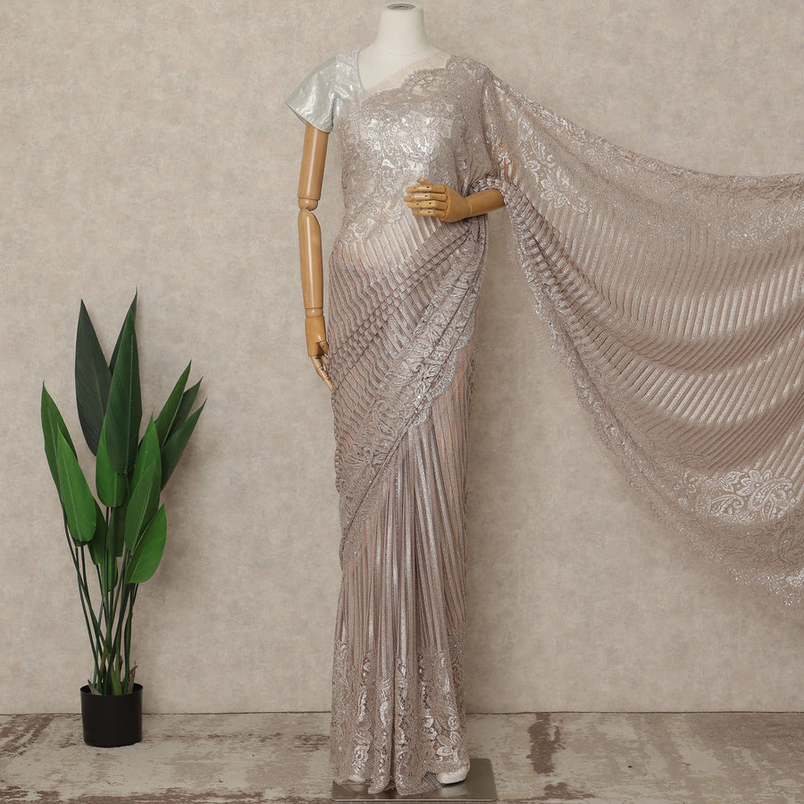 Soft Taupe Rose Premium French Metallic Chantilly Lace Saree with Stone Work, 5.5 Mtrs Length, 110 Cms Width, Made in France-D27137