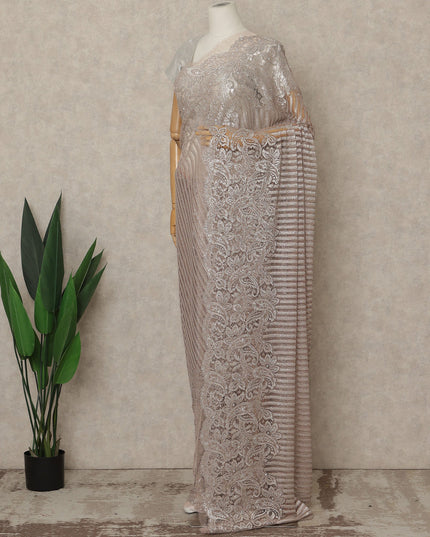 Soft Taupe Rose Premium French Metallic Chantilly Lace Saree with Stone Work, 5.5 Mtrs Length, 110 Cms Width, Made in France-D27137